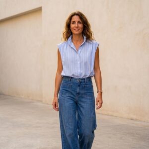 chemise sans manches bleu rayé porté